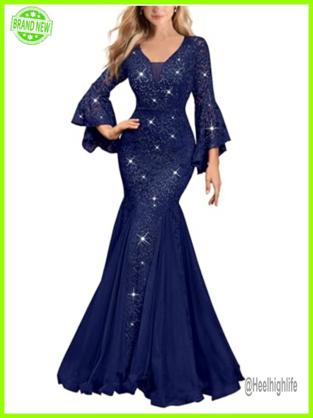 Sequin Lace Tulle Formal Evening Gown Bell Sleeve Mermaid Long Dress - Picture 1 of 6